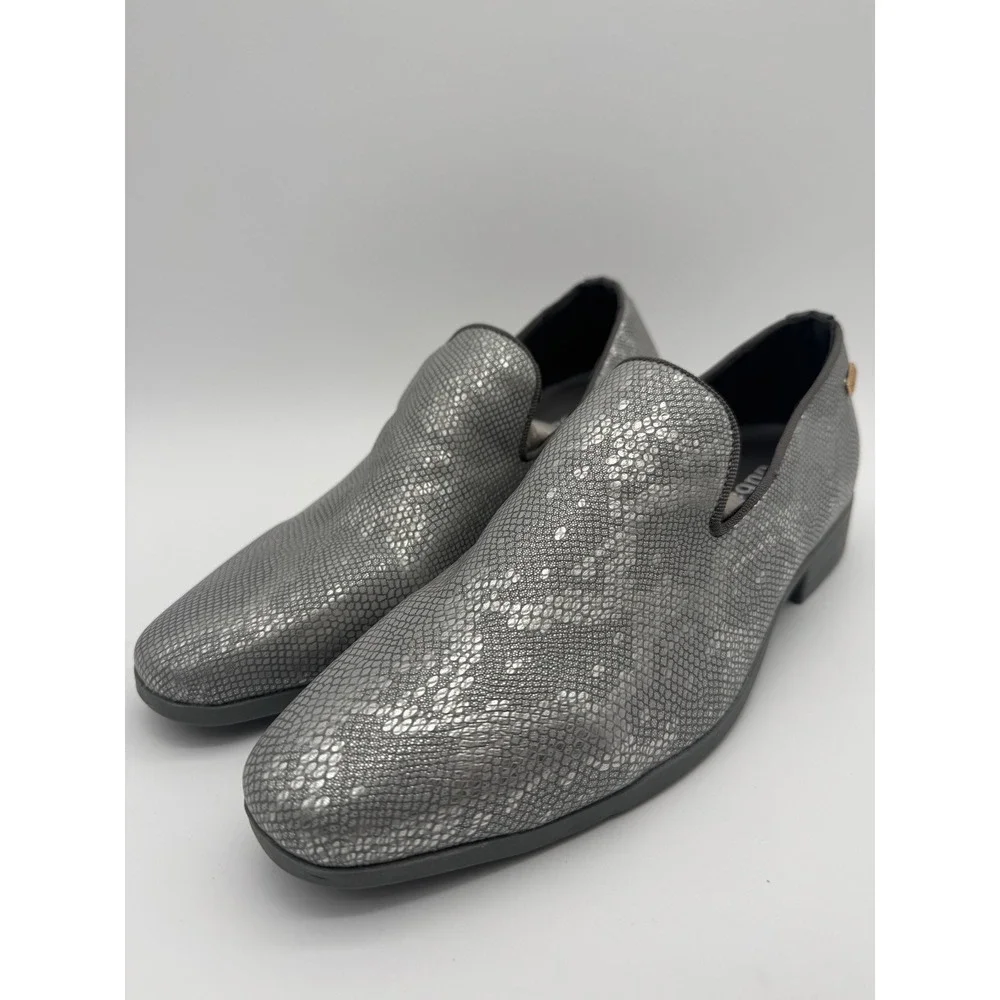 Mens Slip On Dress Shoes Snake Skin Silver Loafers‎ US 9.5